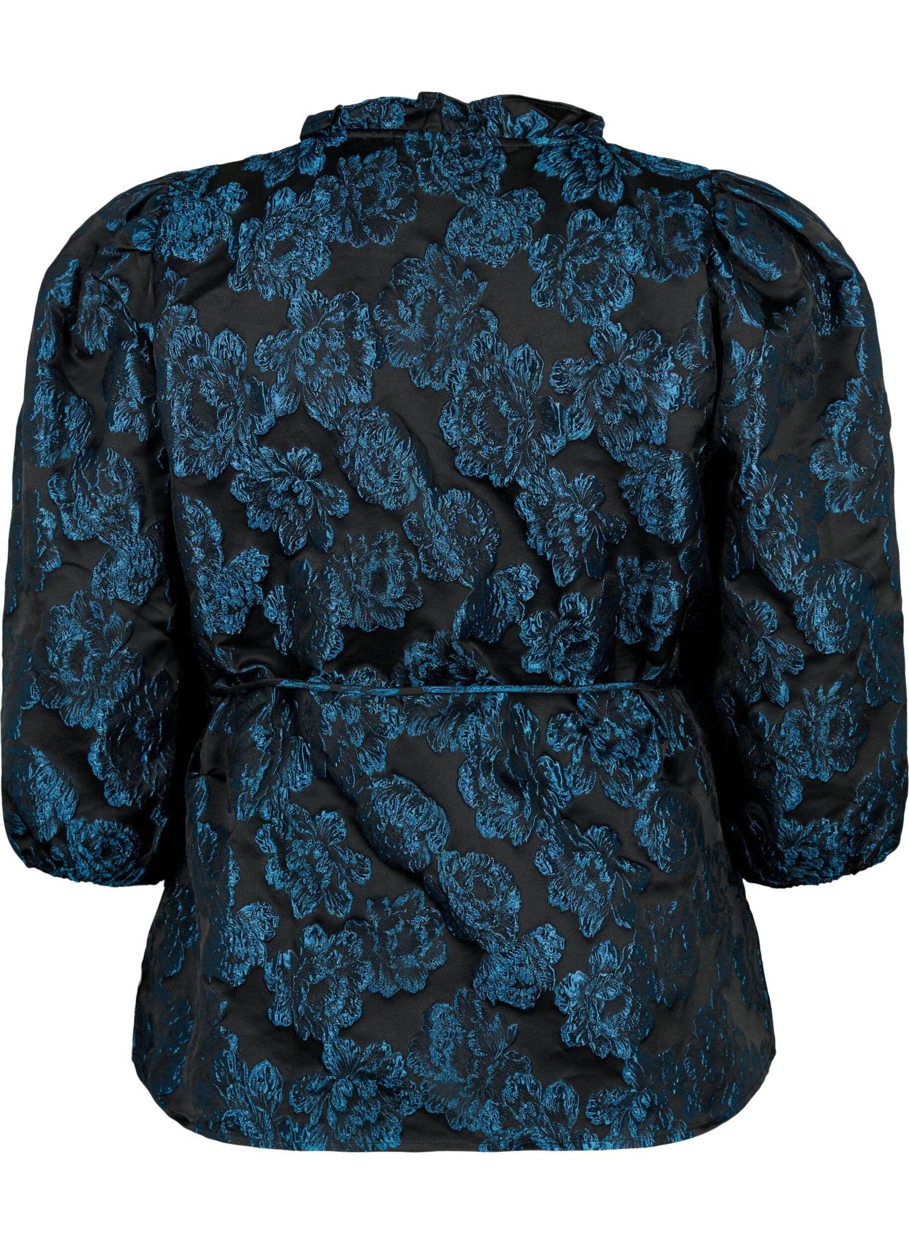Zizzifashion Jacquard wrap blouse with 3/4 sleeves, Black Blue, Packshot image number 1
