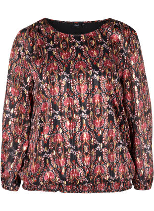 Printed blouse with long sleeves and smocking, Black Oriental, Packshot image number 0