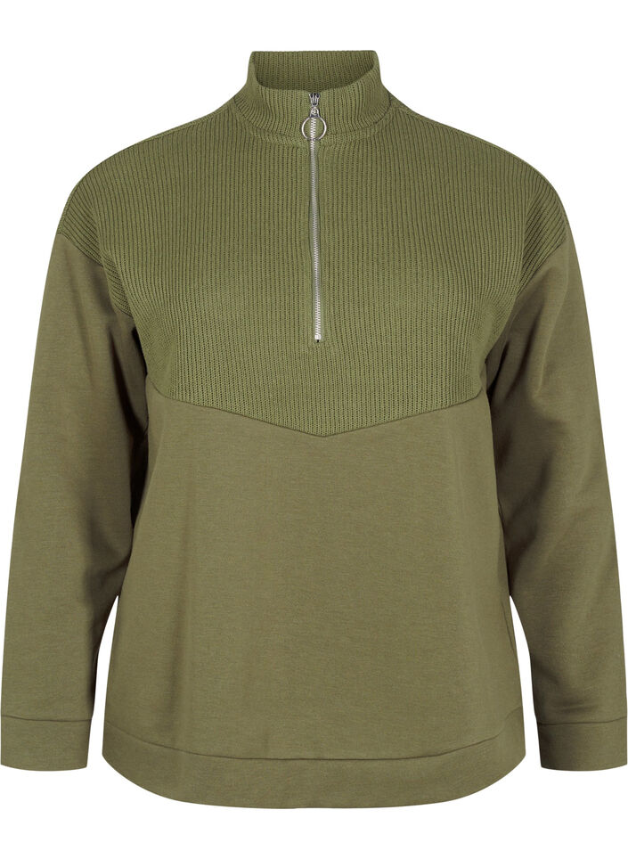 Sweatshirt with knitwear and zip, Winter Moss, Packshot image number 0