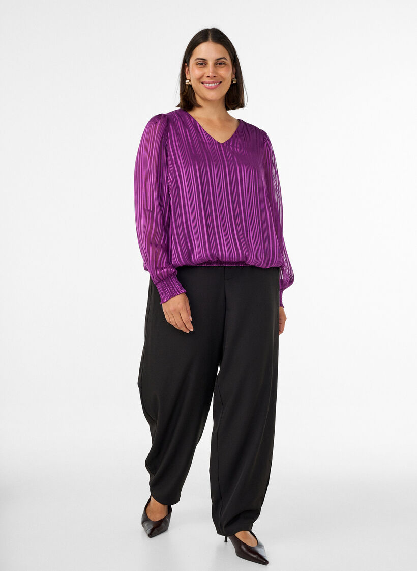 Striped blouse with a balloon shape, Purple, Model image number 1