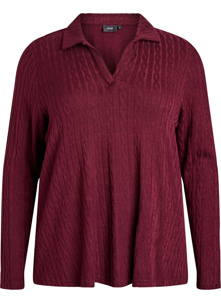 Jersey blouse with collar and cable pattern, Dark Bordeaux, Packshot image number 0