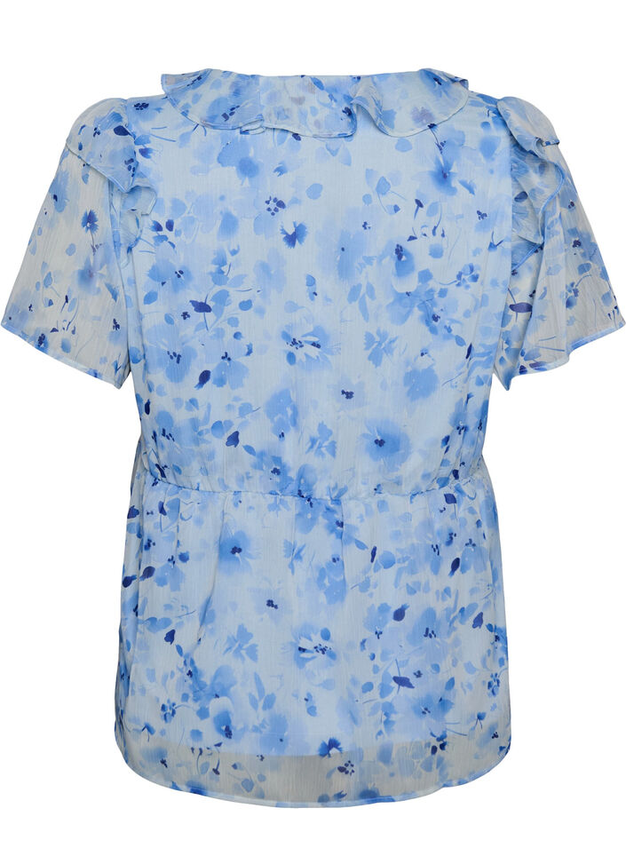 Floral blouse with a frill collar and peplum effect, Blue, Packshot image number 1