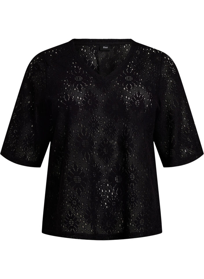 Blouse with an openwork pattern and short sleeves, Black, Packshot image number 0