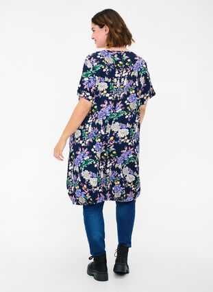 Short-sleeved viscose dress with print, Blue Flower AOP, Model image number 1