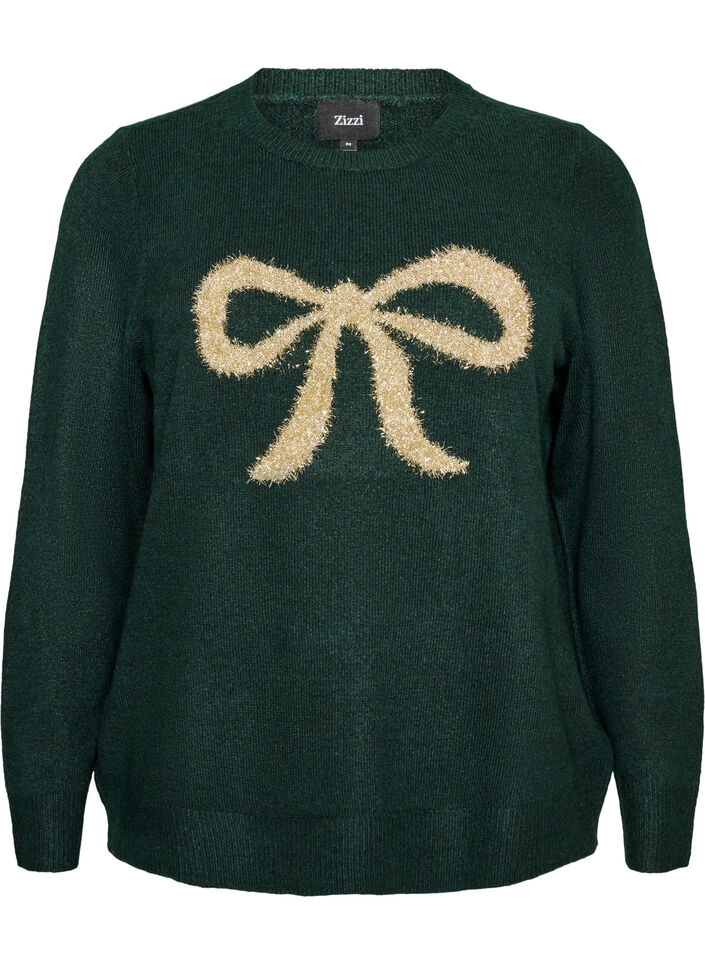 Knitted blouse with glitter bow, Green, Packshot image number 0