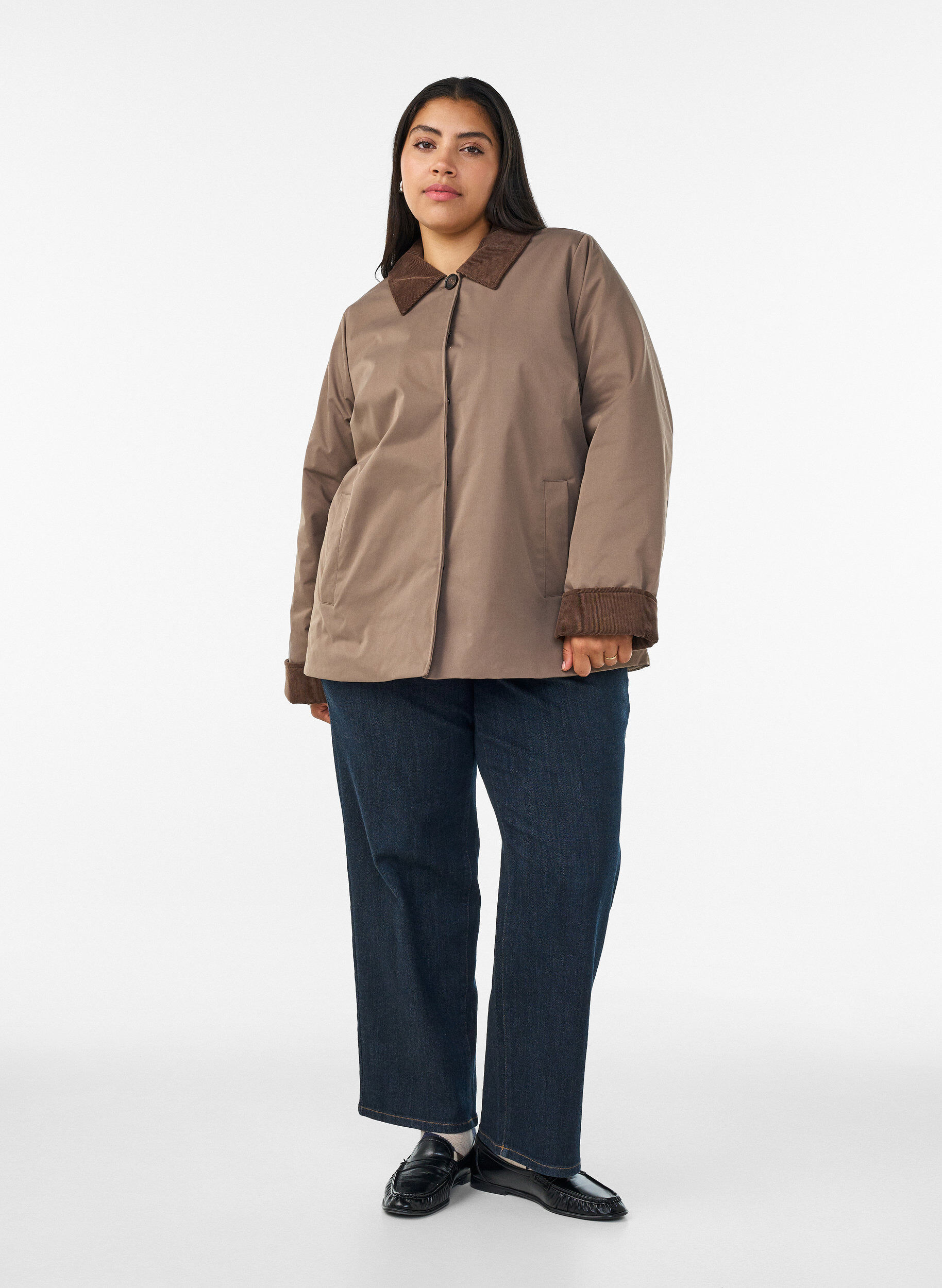 ZizzifashionLightly padded jacket with a corduroy collar, Brown, Model image number 1