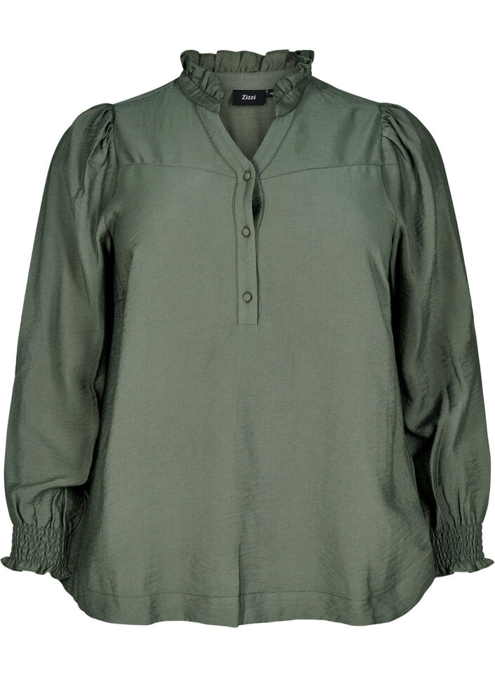 Blouse with ruffle collar, Green, Packshot image number 0