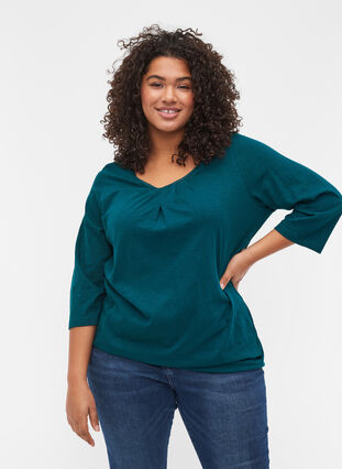 Solid-coloured, 3/4-sleeves cotton blouse, Deep Teal, Model image number 0