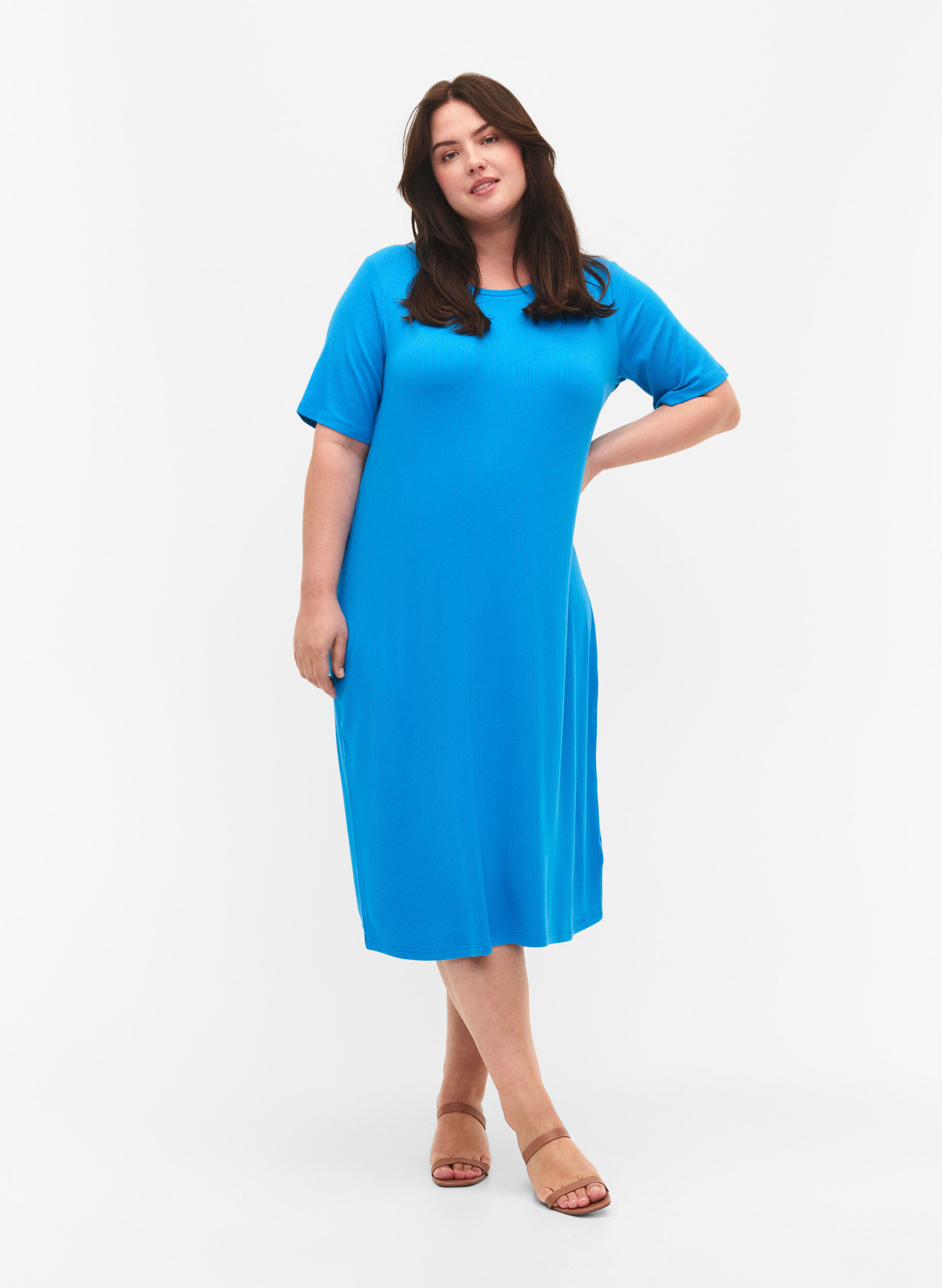 Zizzifashion Viscose rib midi dress with short sleeves, Ibiza Blue, Model image number 0