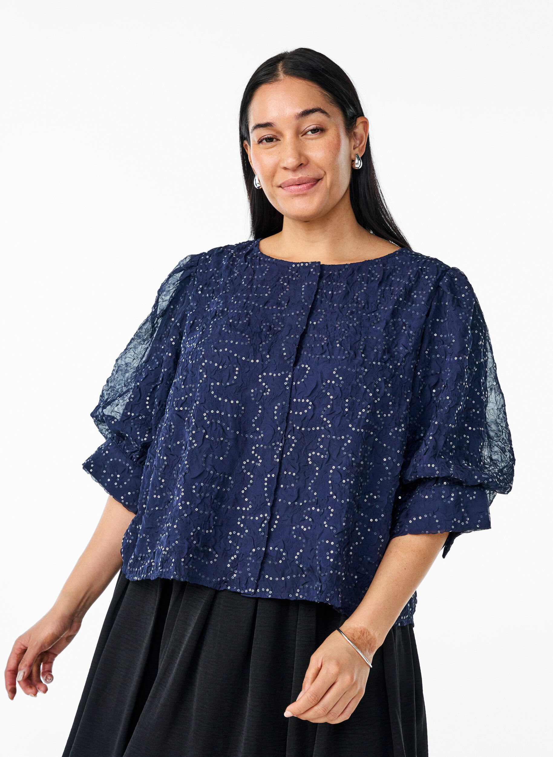 Zizzifashion Party blouse with sequins and 1/2 sleeves, Blue, Model image number 0