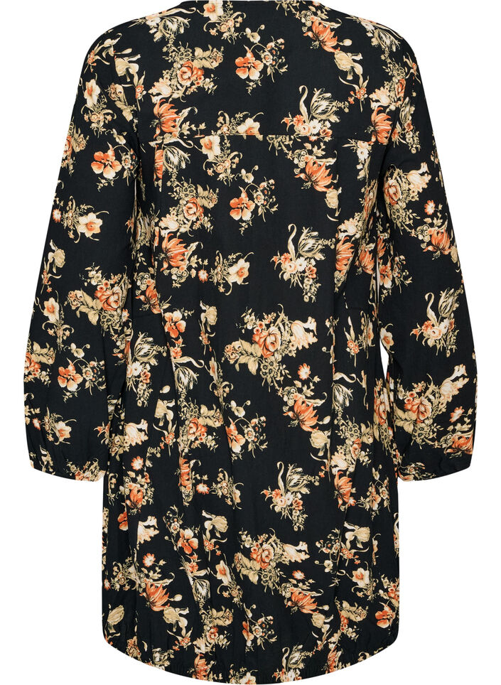 Short cotton dress with an elasticated hem and long sleeves, Black, Packshot image number 1