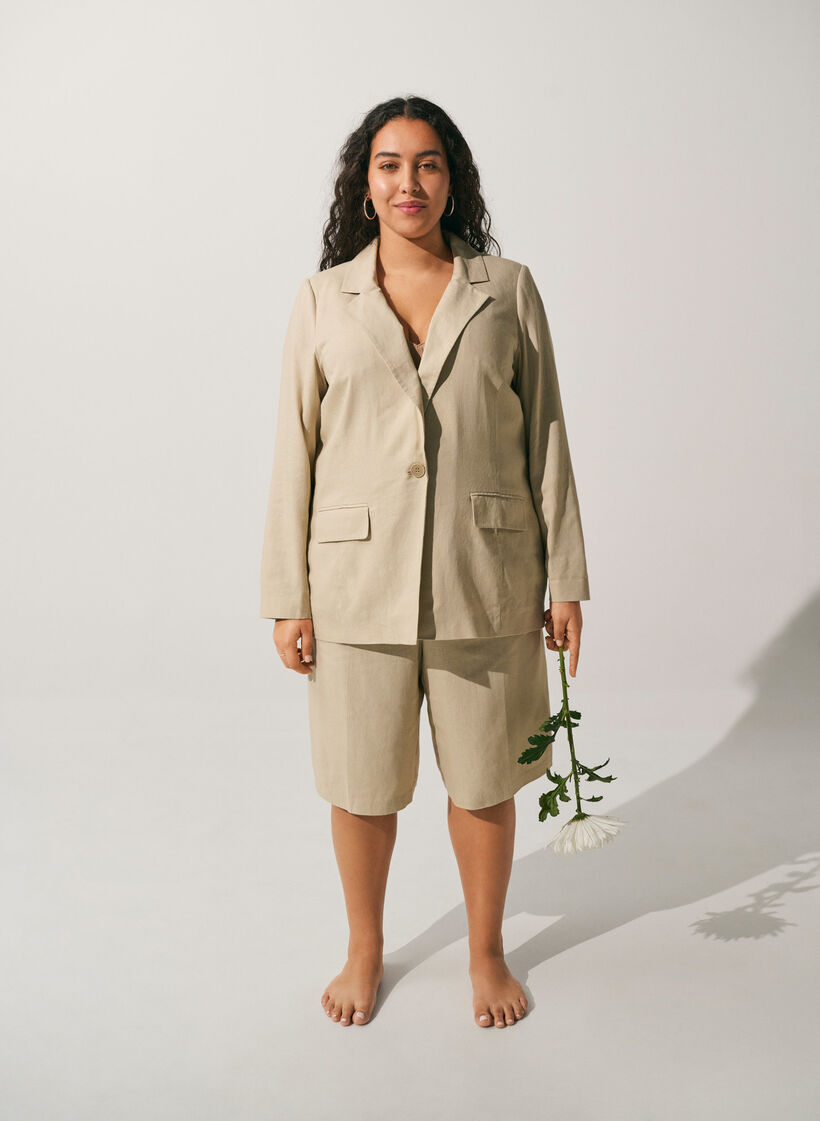 Blazer in linen and viscose with lapels and pockets, Beige, Image image number 0