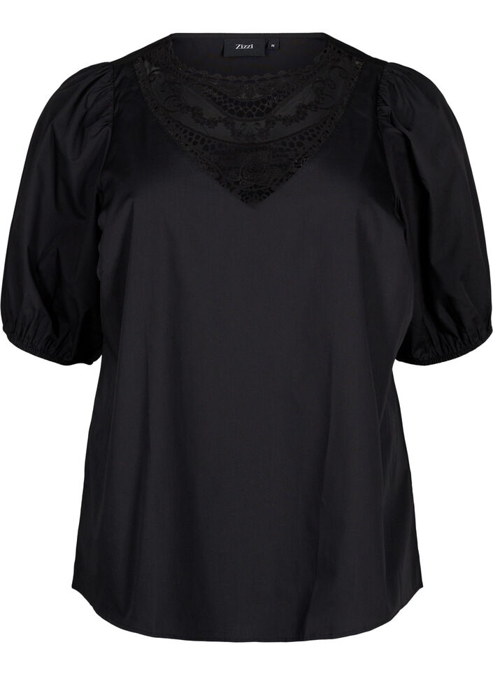 Short-sleeved blouse with lace detail, Black, Packshot image number 0