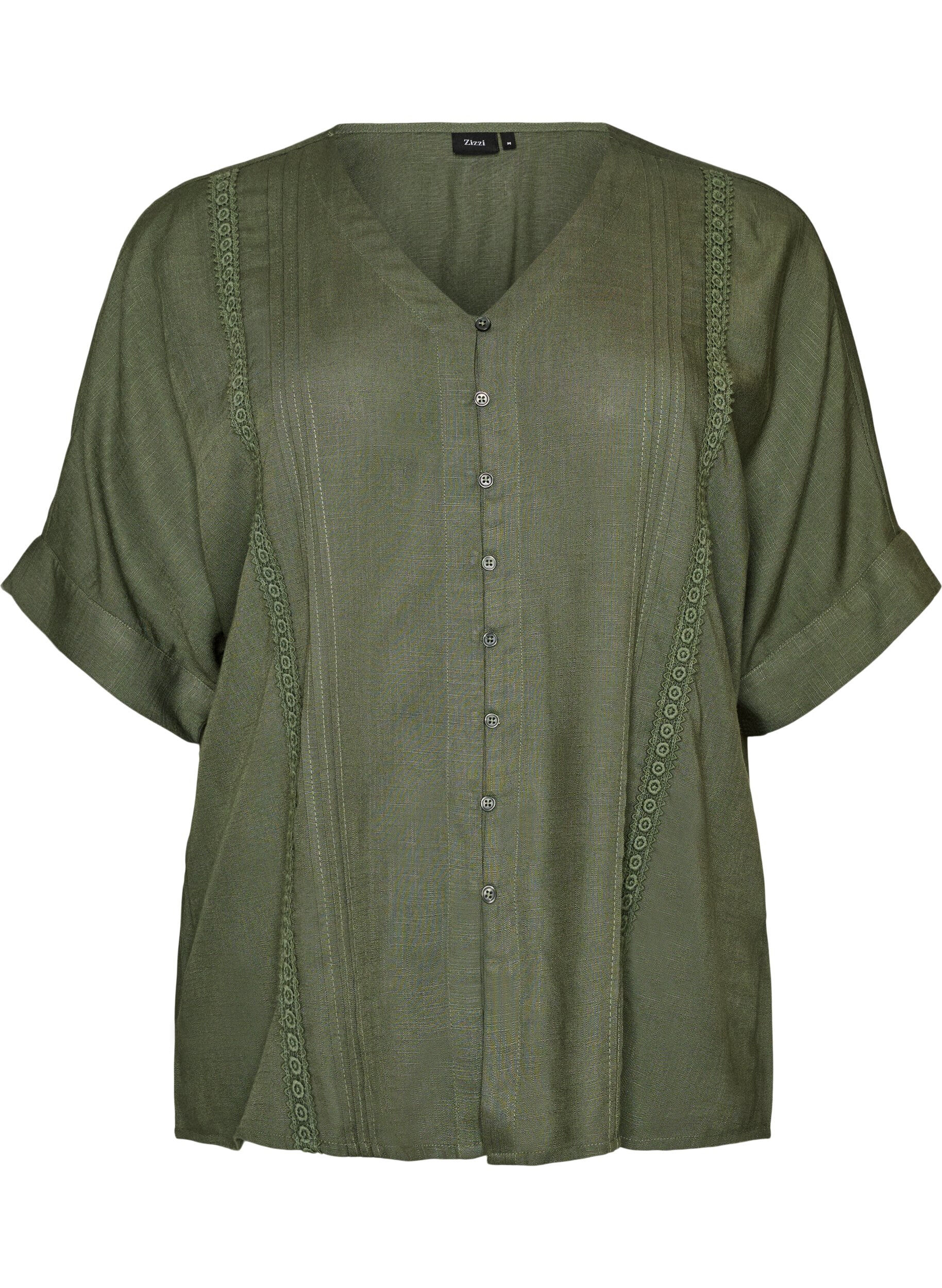 Zizzifashion Viscose blouse with crochet trim and buttons, Green, Packshot image number 0