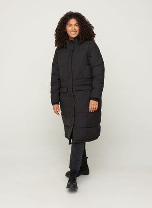 Long winter jacket with a drawstring waist, Black, Model image number 3