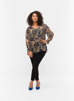 Floral blouse with long sleeves and v neck, Black/Vibrant Flower, Model image number 2
