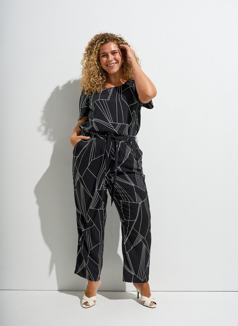 Short sleeve viscose blouse with print, Black, Image image number 0