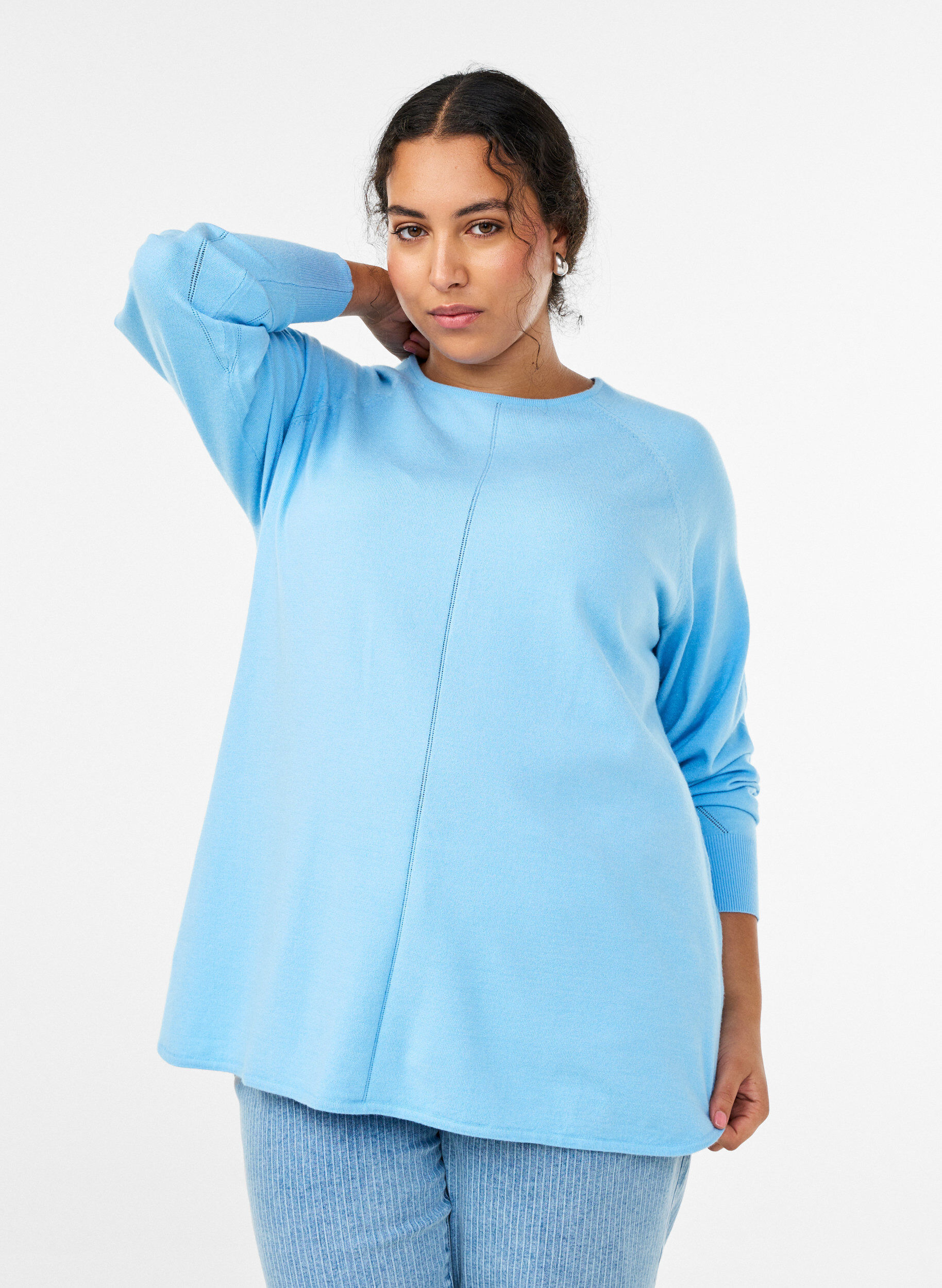 Knit blouse with round neck and knitted pattern, Light Blue, Model