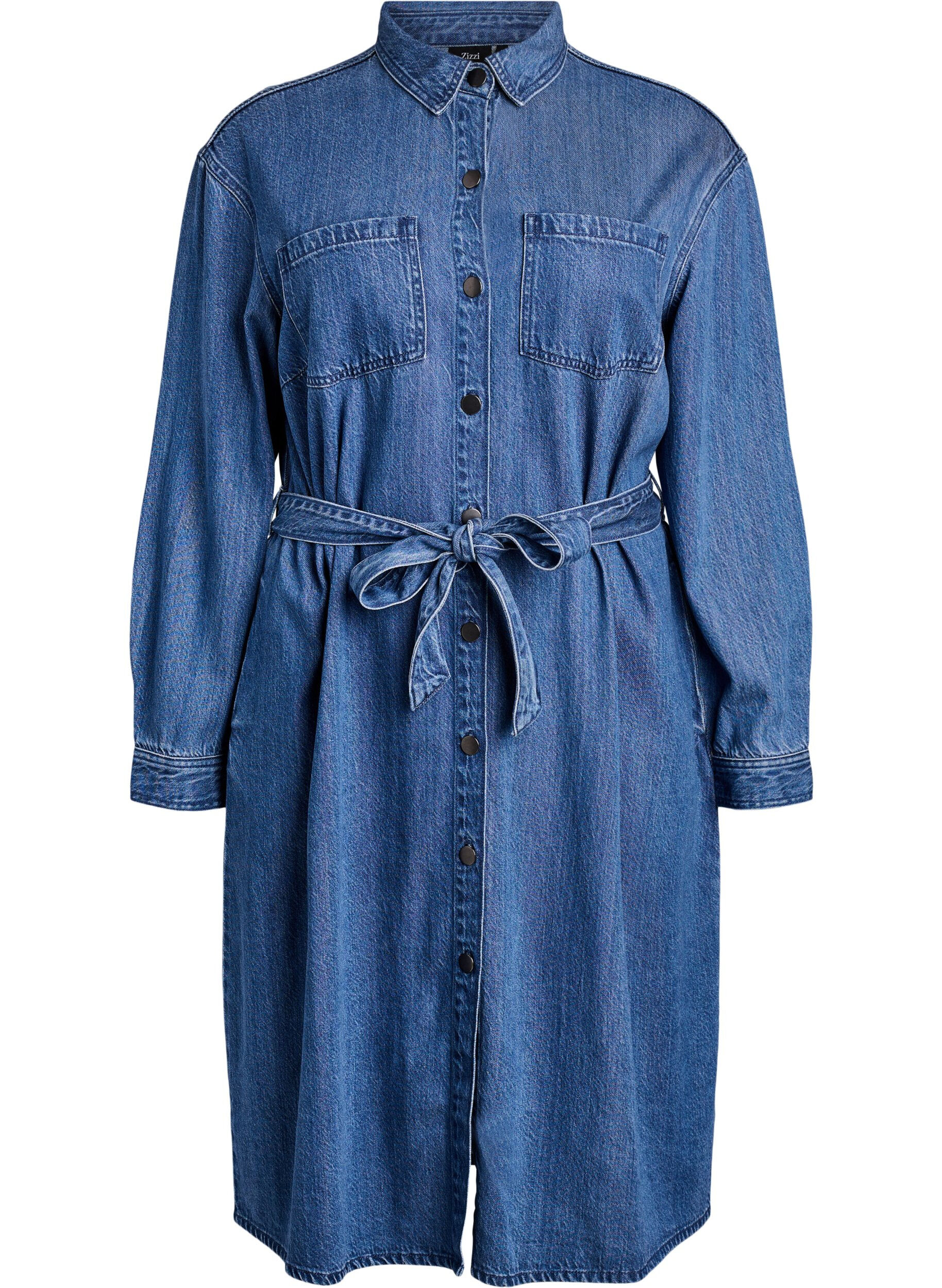 Denim shirt dress with tie-belt and side pockets