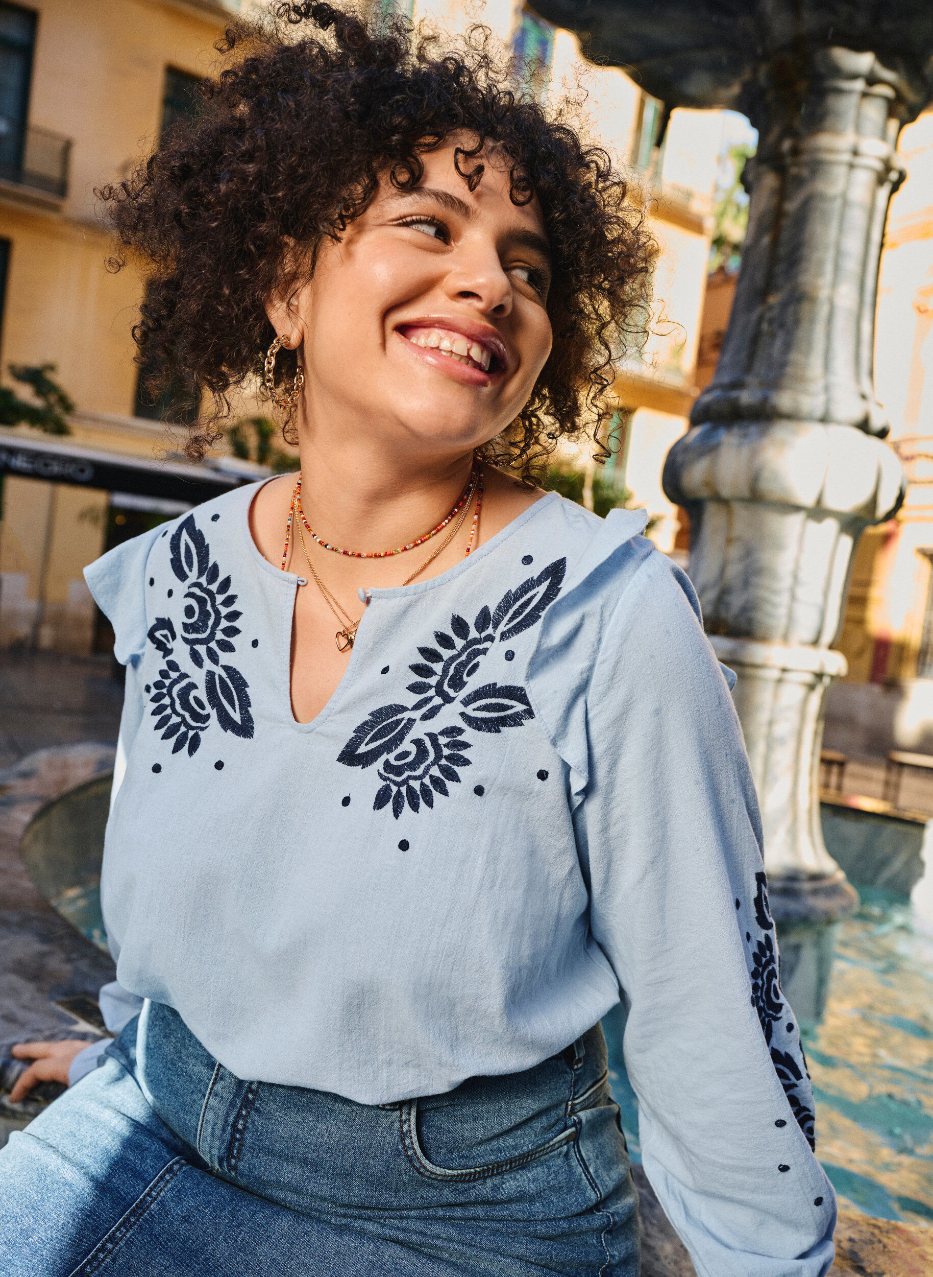 Zizzifashion Cotton blouse with embroidery and ruffles, Light Blue, Image image number 0