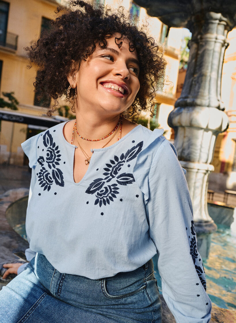 Cotton blouse with embroidery and ruffles, Light Blue, Image image number 0