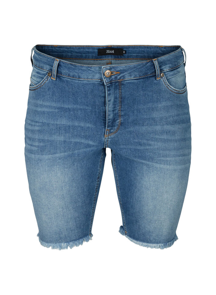 High-waisted denim shorts with raw hems, Dark blue denim, Packshot image number 0