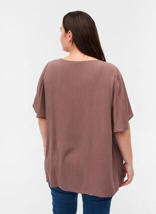 Short-sleeved viscose blouse with lace, Deep Taupe, Model image number 1