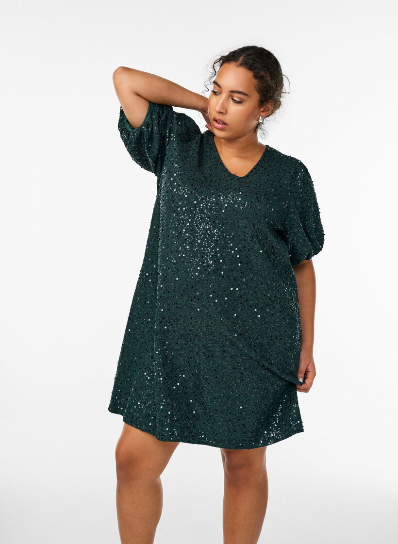 Short sequin dress with puff sleeves, Green, Model image number 1