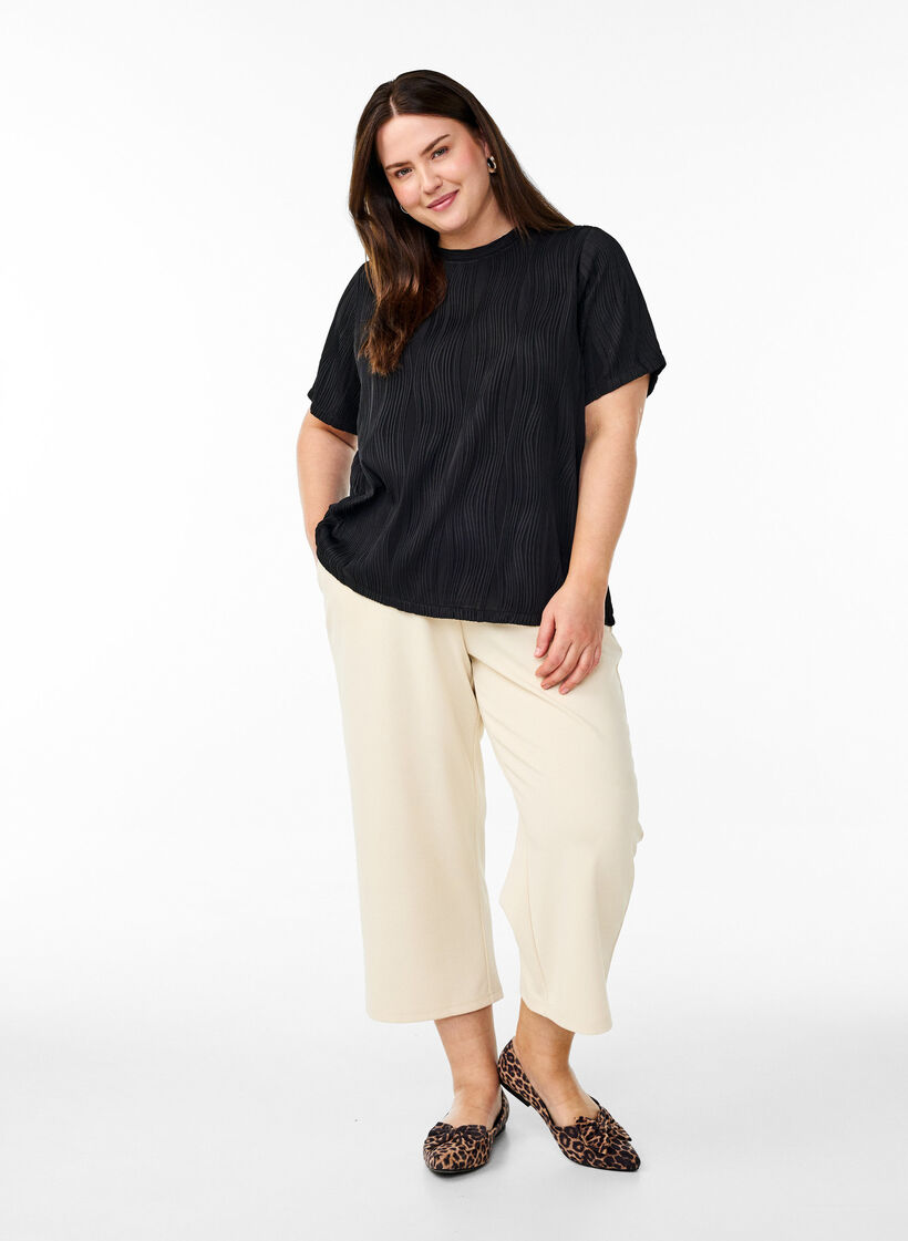 Blouse with short sleeves and a wavy texture, Black, Model image number 1