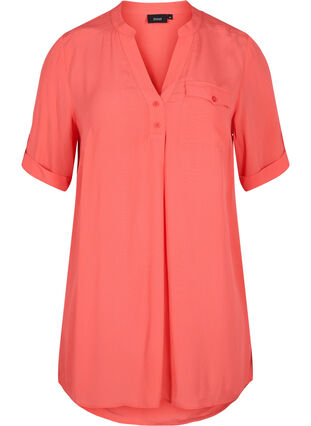 Viscose tunic with short sleeves, Hot Coral, Packshot image number 0