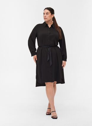 Shirt dress with tie-string and buttons, Black, Model image number 2