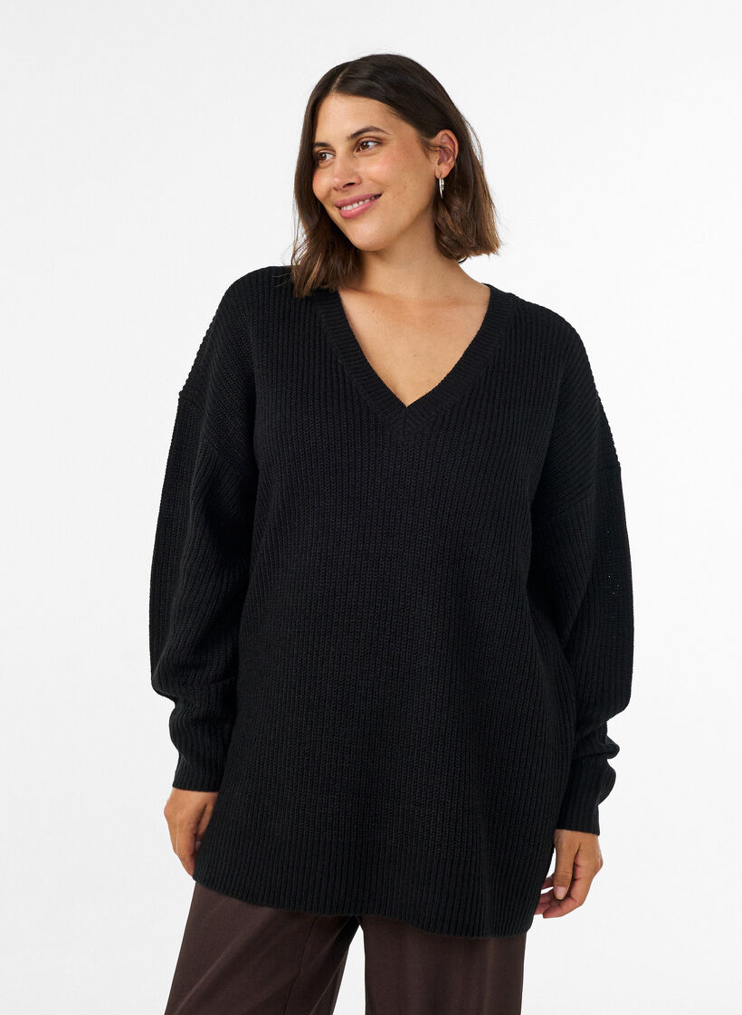 Long rib-knit blouse with a V-neck, Black, Model image number 0