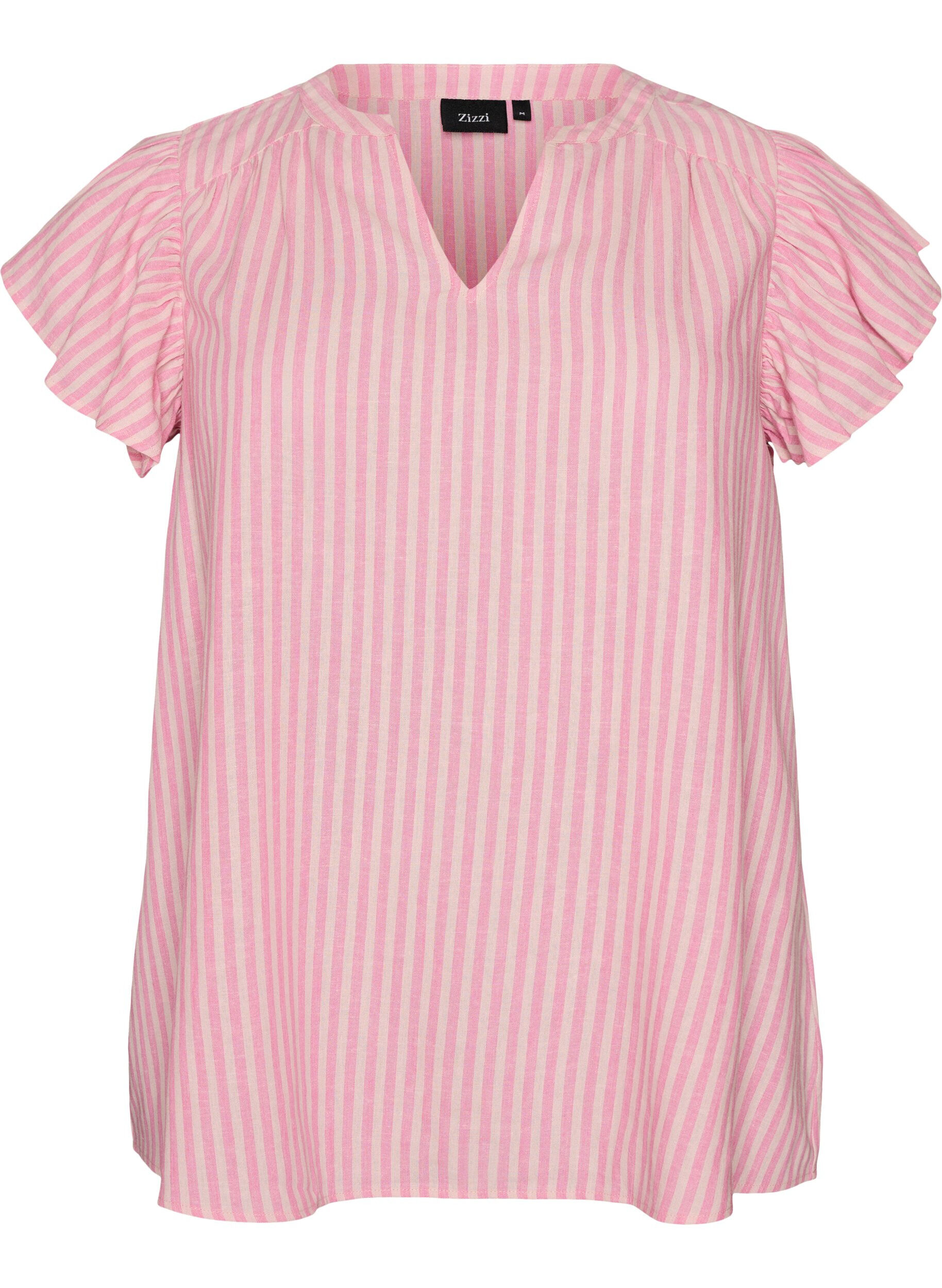 Zizzifashion Viscose and linen blouse with ruffle sleeves, Pink, Packshot image number 0