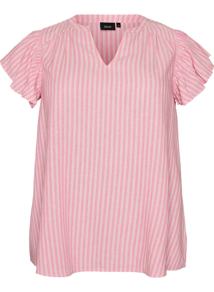 Viscose and linen blouse with ruffle sleeves, Pink, Packshot image number 0