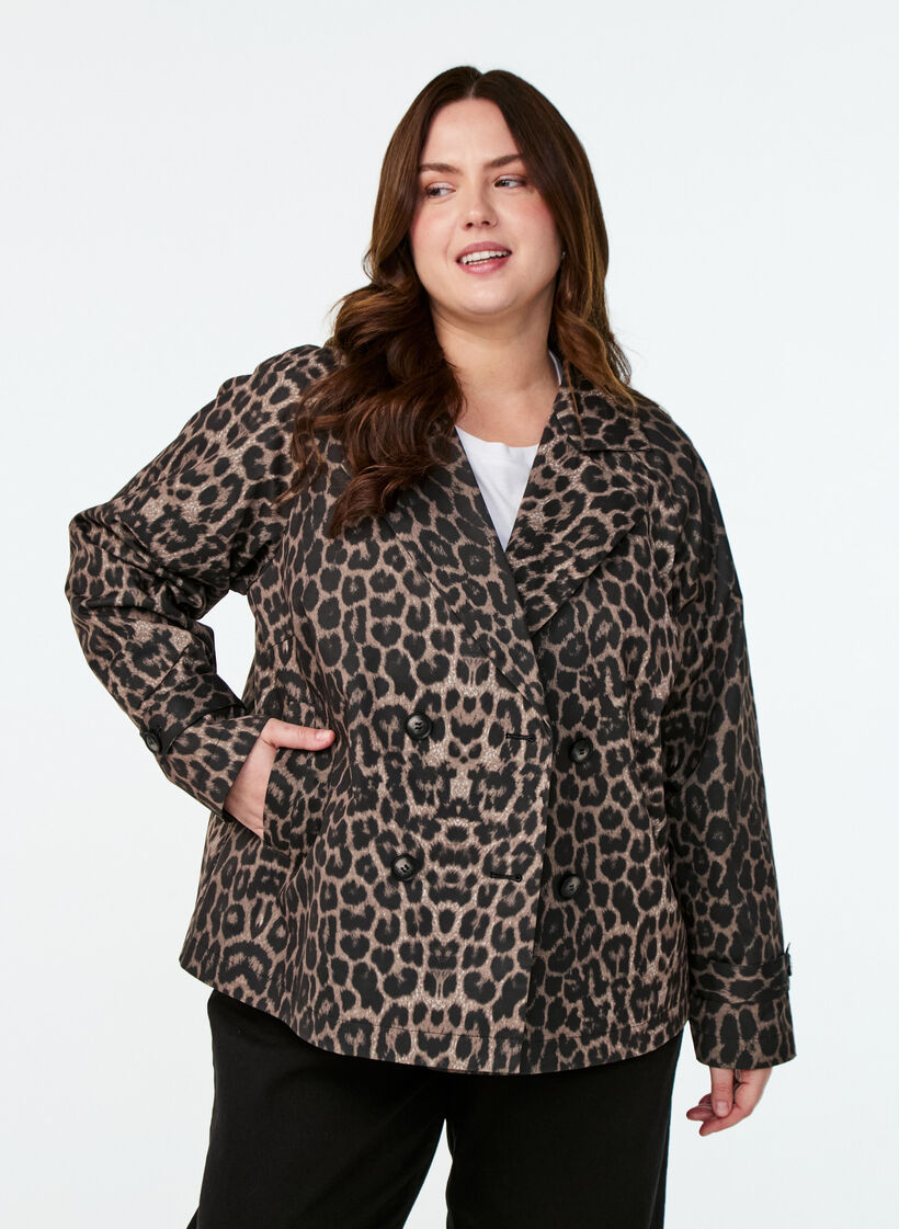 Double-breasted blazer jacket with leopard print, Brown, Model image number 0