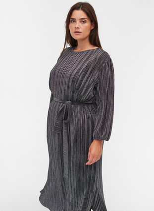 3/4 sleeve glitter dress with rounded neckline, Black W. SILVER, Model image number 2