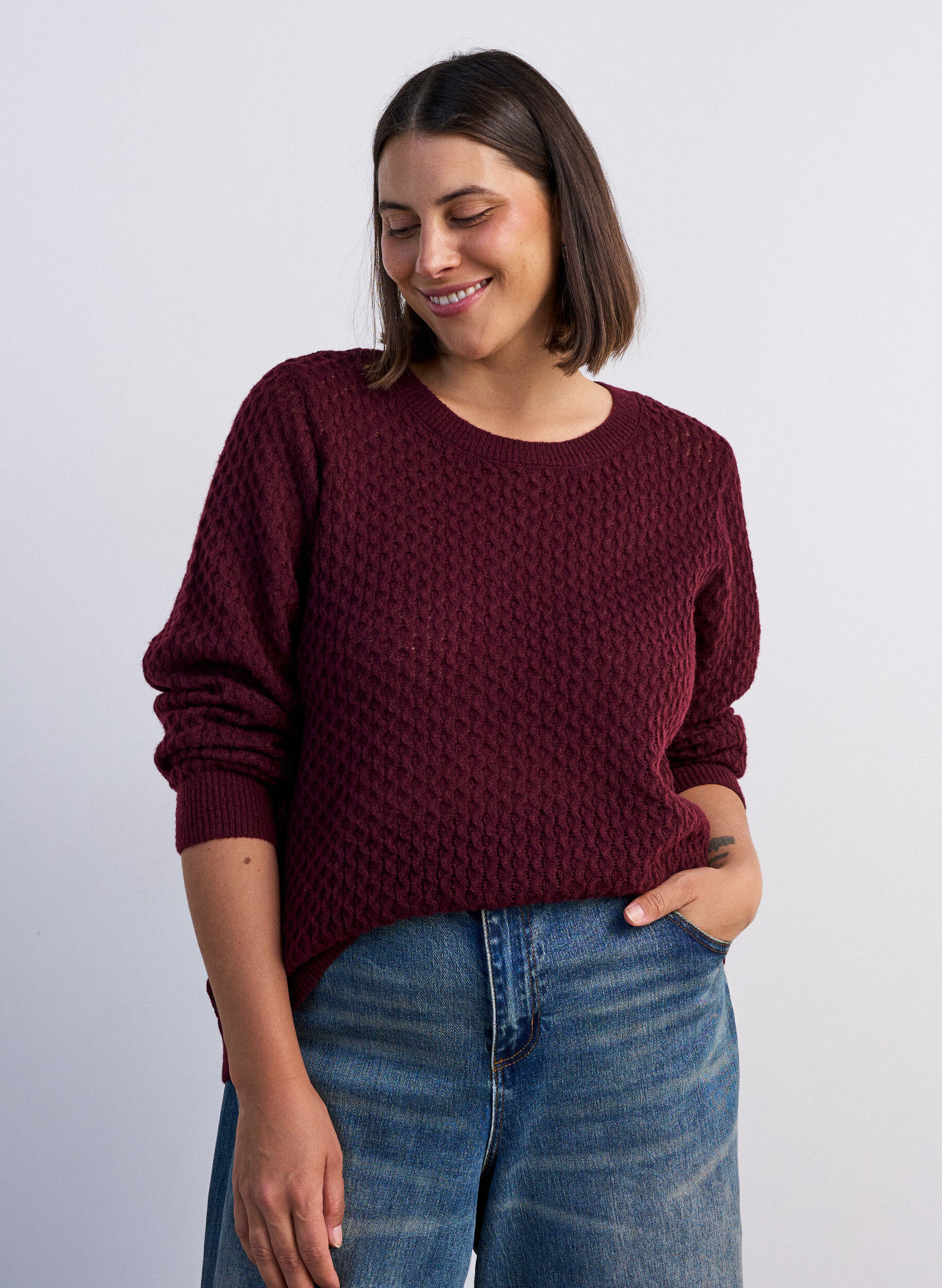 ZizzifashionKnitted blouse with a textured openwork pattern, Red, Model image number 0