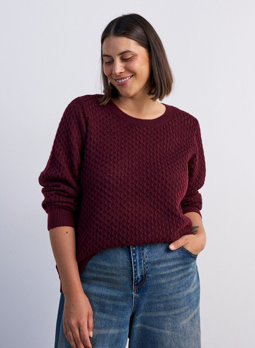 Knitted blouse with a textured openwork pattern, Red, Model image number 0