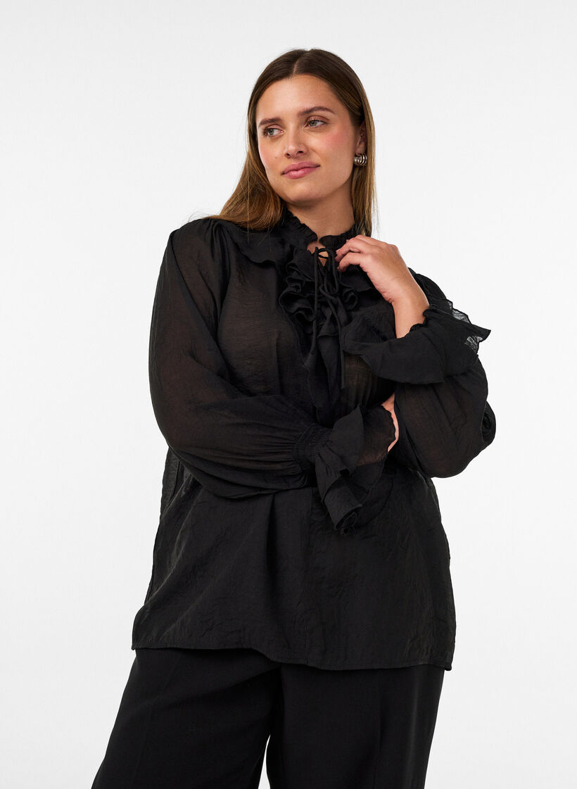 Viscose blouse with ruffles and long sleeves, Black, Model image number 0