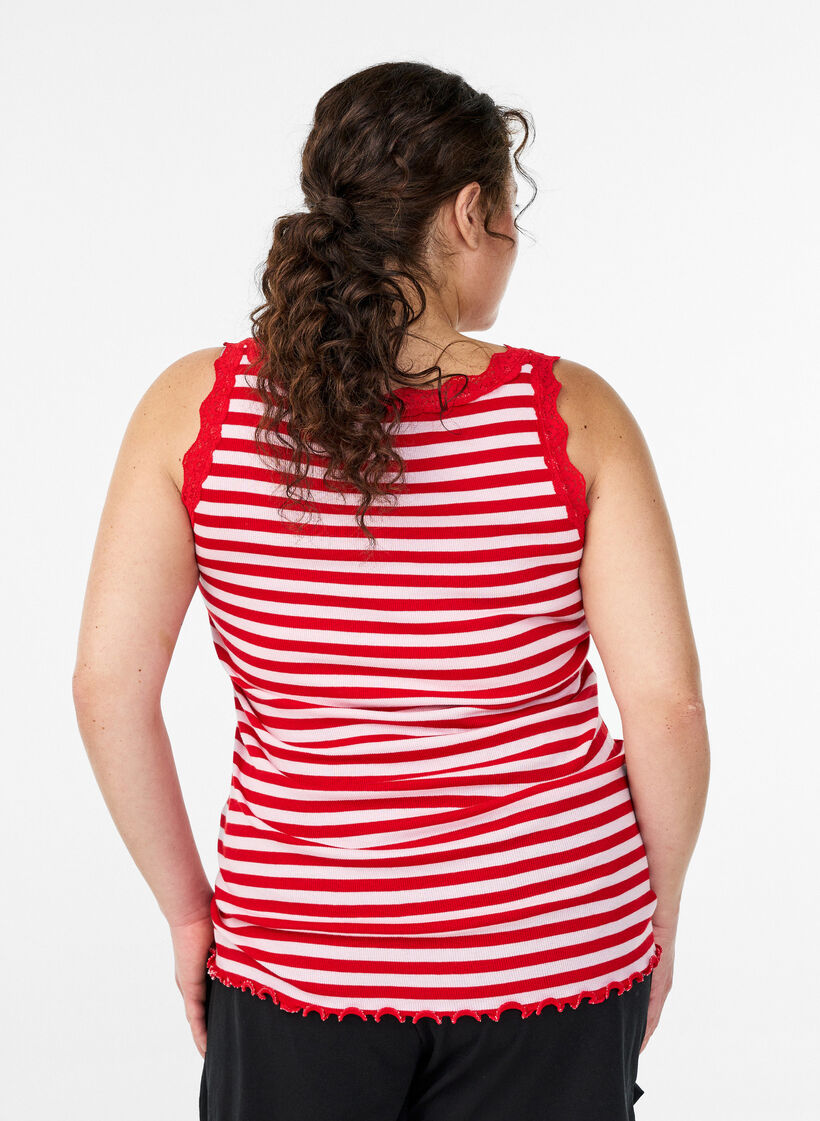 Striped top with a ribbed texture and a lace trim, Pink, Model image number 2