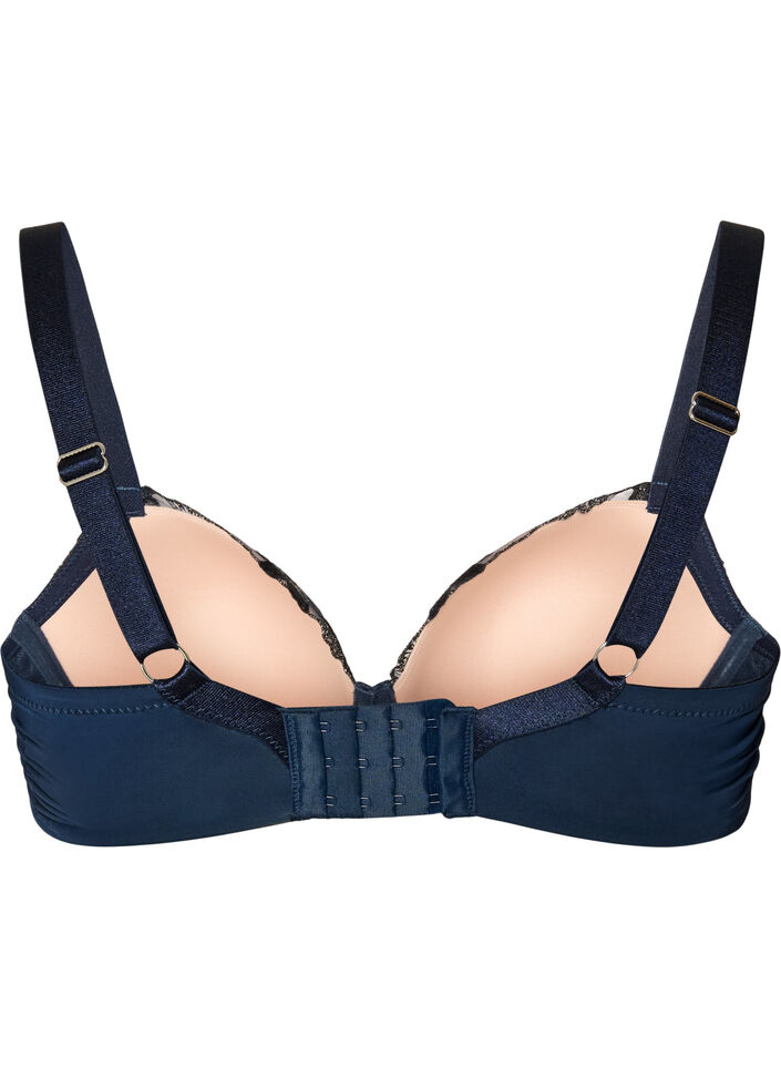 Moulded bra with floral embroidery and draped details, Blue, Packshot image number 1