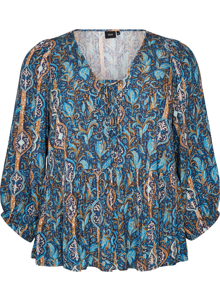 Blouse with paisley print and lace detail, Light Blue, Packshot image number 0