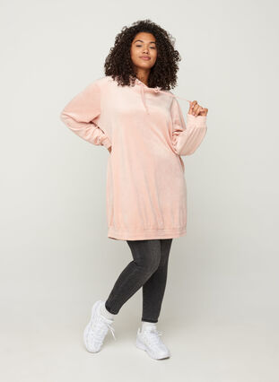 Hooded, velour sweatshirt dress , Rose Smoke, Model image number 2