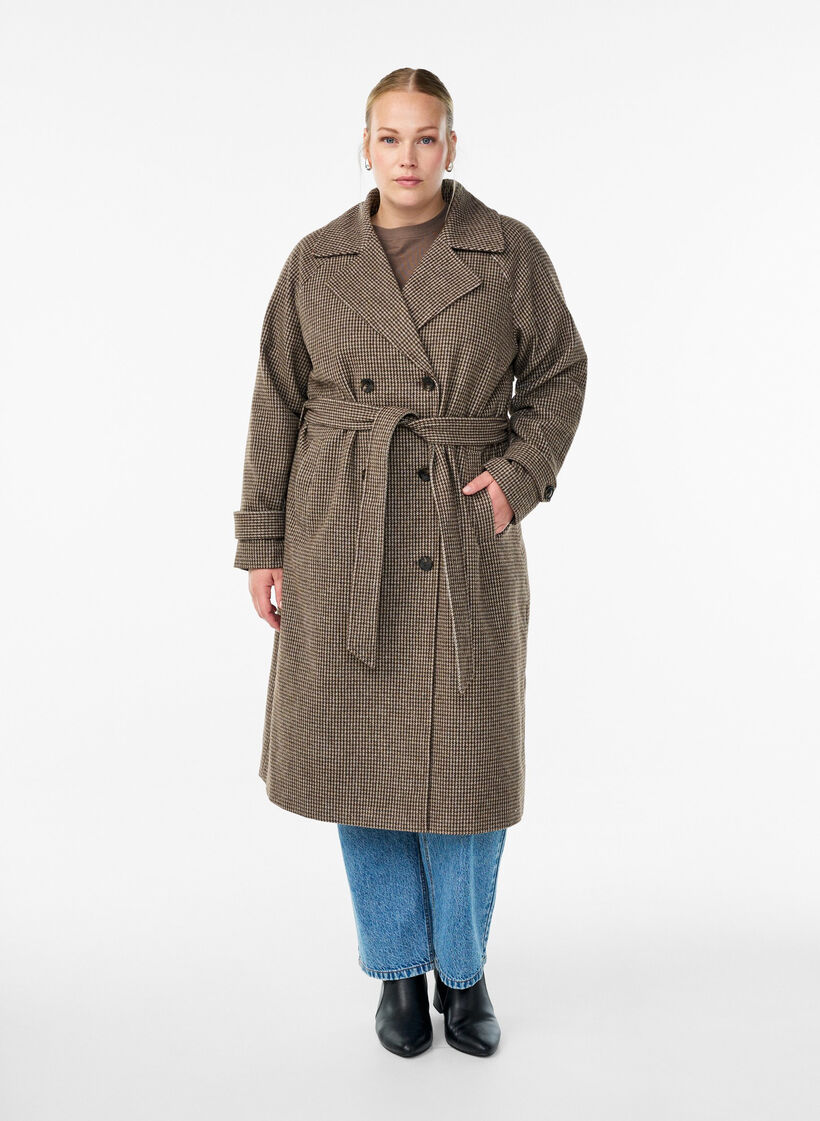 Checked coat with belt, Brown, Model image number 1