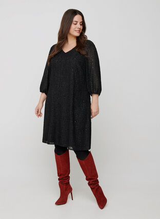 A-line dress with 3/4 length sleeves, Black, Model image number 2