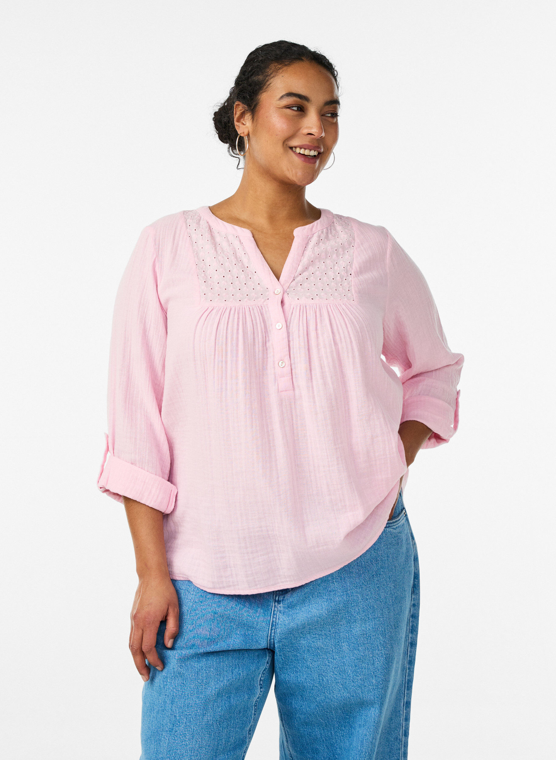 Zizzifashion Blouse in cotton muslin with broderie anglaise, Rose, Model image number 0