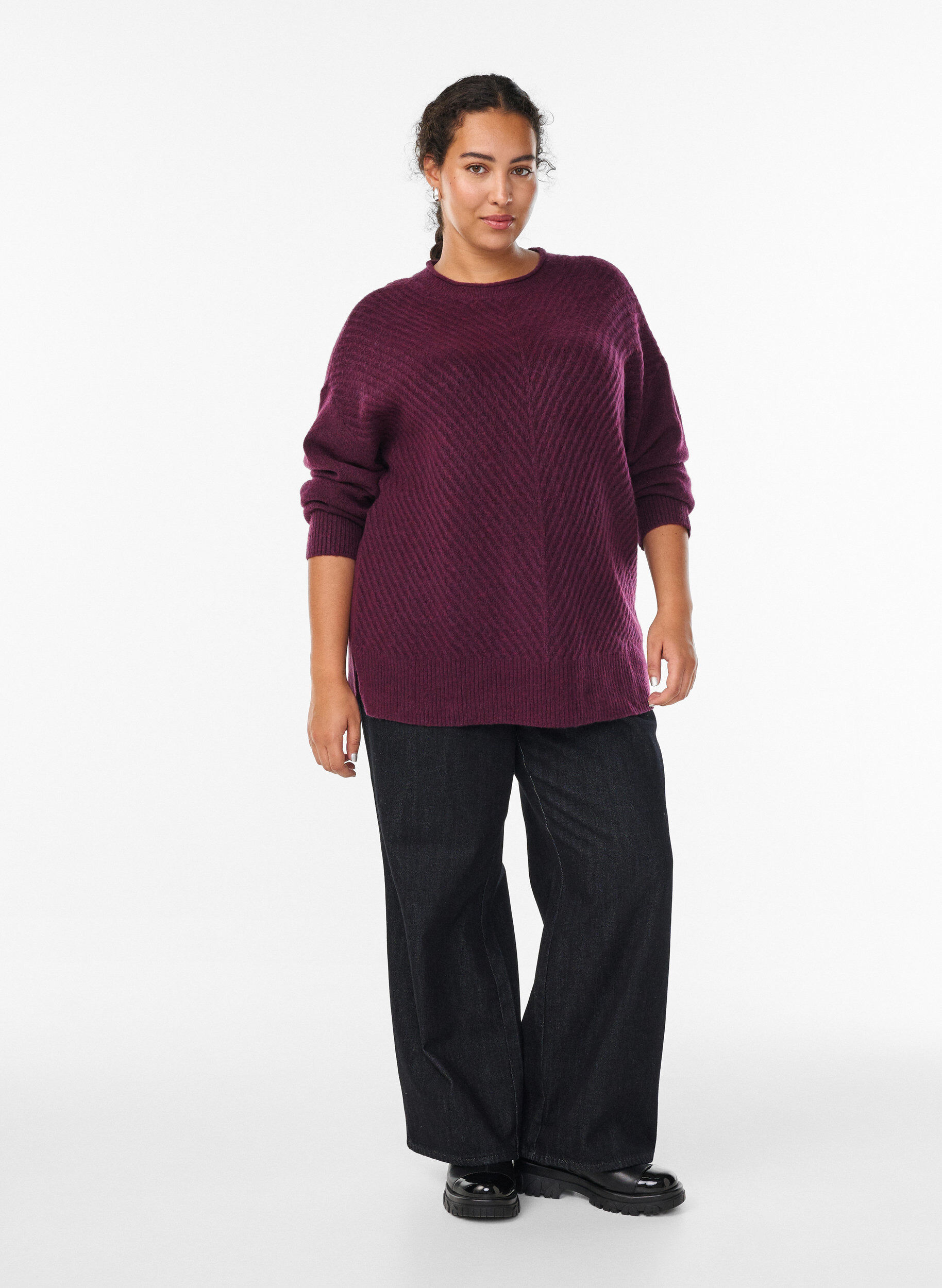 ZizzifashionKnitted blouse with V-shaped rib pattern and slits, Purple, Model image number 1