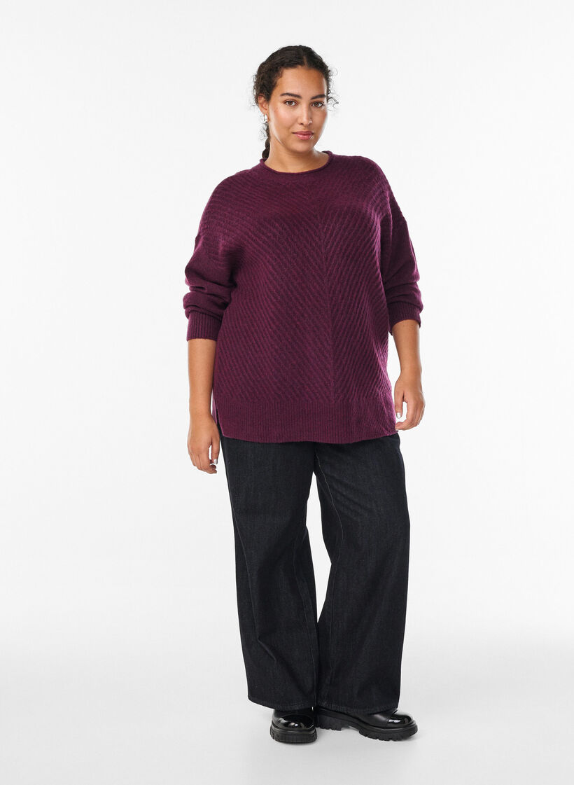 Knitted blouse with V-shaped rib pattern and slits, Purple, Model image number 1