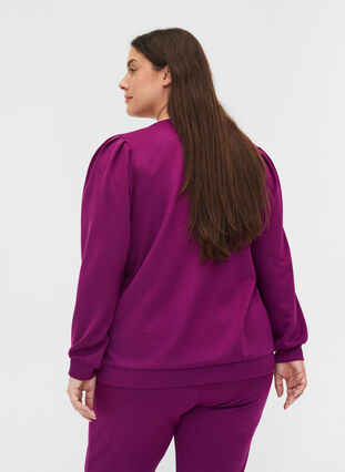 Sweat blouse with rounded neckline and balloon sleeves, Dark Purple, Model image number 1