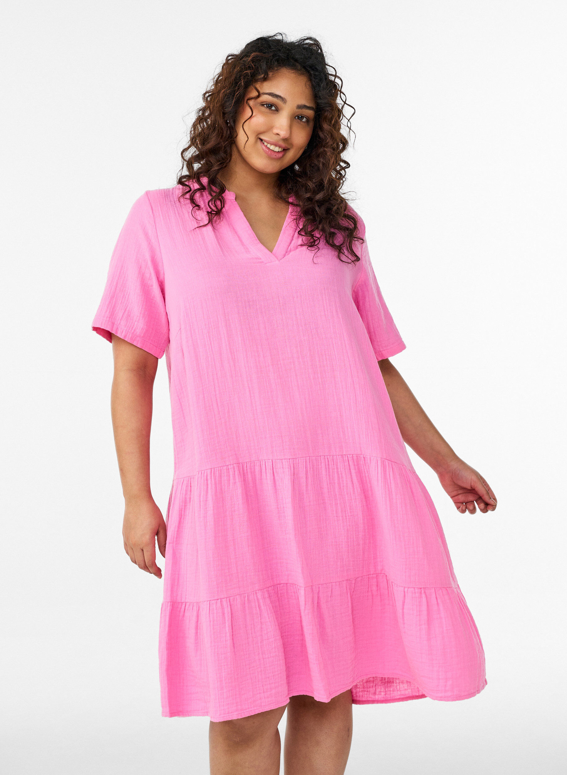 Short A-line dress in cotton muslin, Pink, Model